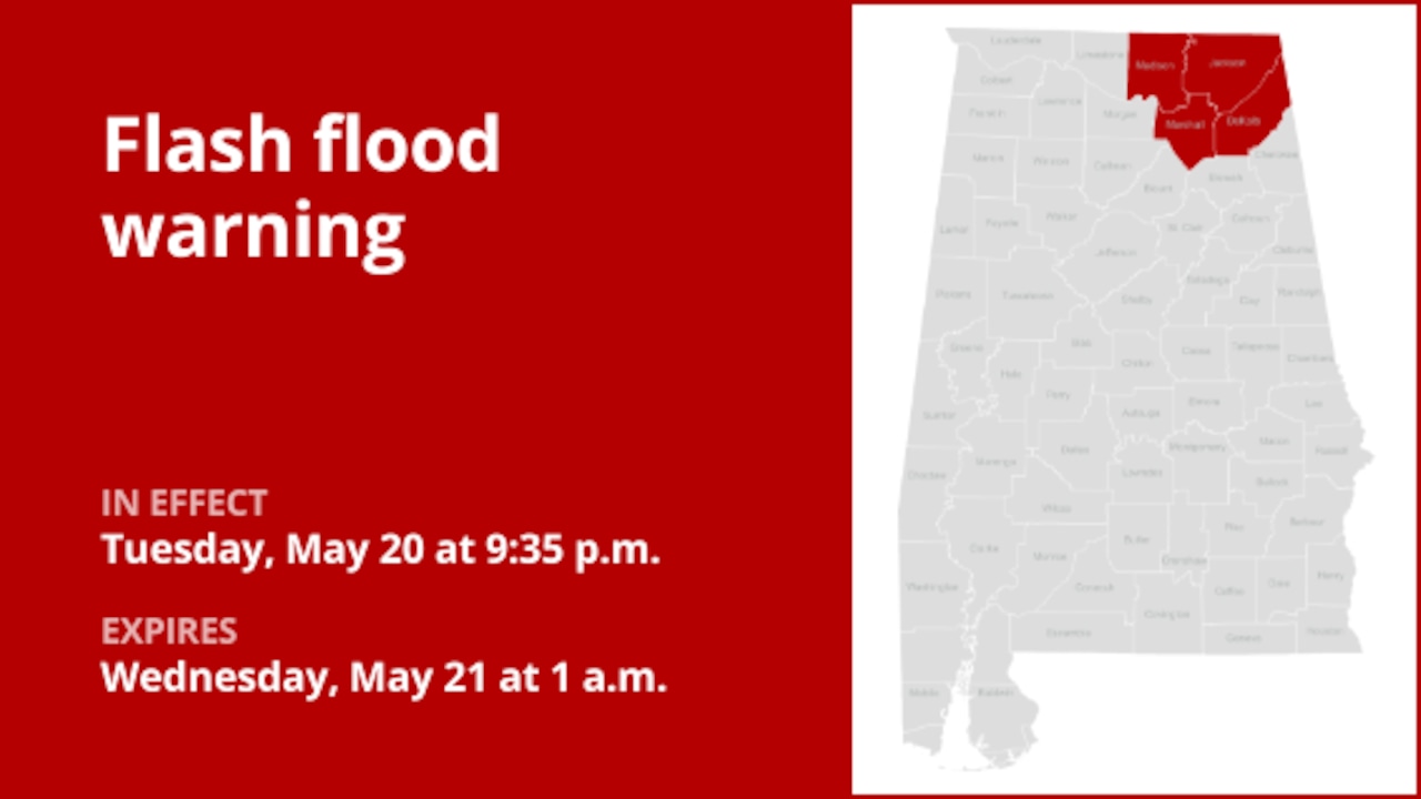Flash flood warning affecting North Alabama until 1 a.m. Wednesday caused by thunderstorms